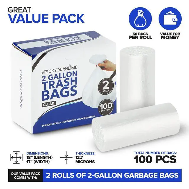 Alt view image 2 of 7 - Stock Your Home 2 Gallon Small Unscented Garbage Bags, 100 Count, Leakproof, Versatile Usage, Grab-n-Go