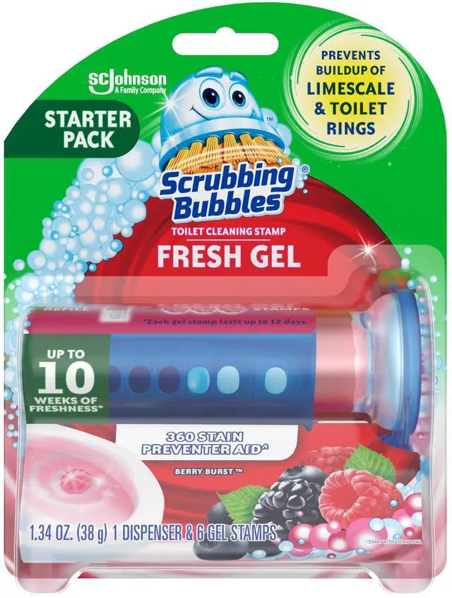 Main image of Scrubbing Bubbles Fresh Gel Toilet Bowl Cleaning Stamps, 1 Dispenser with 6 Fresh Gel Stamps, Berry Burst Scent, Helps Clean and Prevent Limescale & Rings
