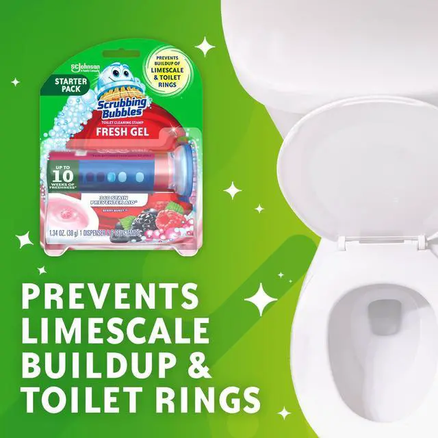 Alt view image 3 of 6 - Scrubbing Bubbles Fresh Gel Toilet Bowl Cleaning Stamps, 1 Dispenser with 6 Fresh Gel Stamps, Berry Burst Scent, Helps Clean and Prevent Limescale & Rings