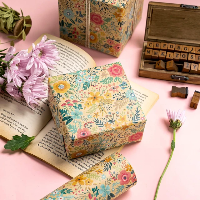 Alt view image 6 of 6 - WRAPAHOLIC Kraft Floral Wrapping Paper Roll Mini Roll 17Inch x 9.8Feet Spring Summer Garden Flower Design Perfect for Wedding Bridal Shower Birthday