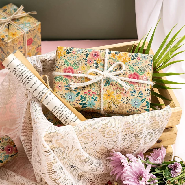 Alt view image 2 of 6 - WRAPAHOLIC Kraft Floral Wrapping Paper Roll Mini Roll 17Inch x 9.8Feet Spring Summer Garden Flower Design Perfect for Wedding Bridal Shower Birthday