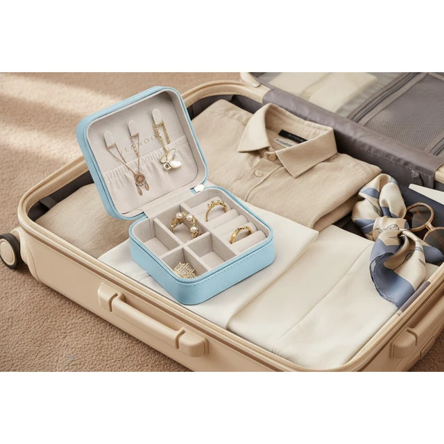 Alt view image 6 of 6 - VLANDO Small Travel Jewelry Box Organizer Display Case for Rings Earrings Necklaces Storage, Blue