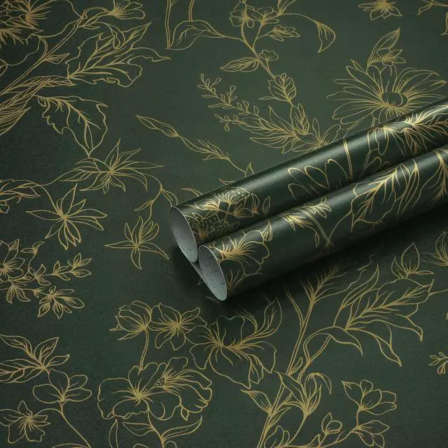 Main image of Hopepak 43.9cm x 199.9cm Gold Green Floral Peel and Stick Wallpaper, Self-Adhesive Removable Waterproof Contact Paper, Vinyl Roll for Bedroom Living Room Bathroom