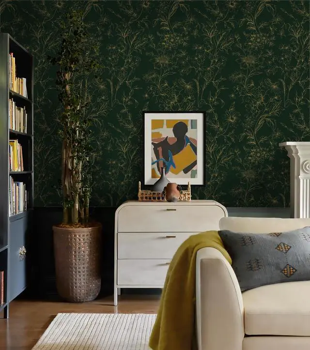Alt view image 6 of 6 - Hopepak 43.9cm x 199.9cm Gold Green Floral Peel and Stick Wallpaper, Self-Adhesive Removable Waterproof Contact Paper, Vinyl Roll for Bedroom Living Room Bathroom