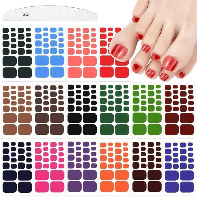 Main image of 352Pcs 16Sheets Bright Solid Color Toe Nail Wraps Self-Adhesive Full Nail Stickers Colorful Nail Art Decals Strips with Nail File for Women Girls Nail Art