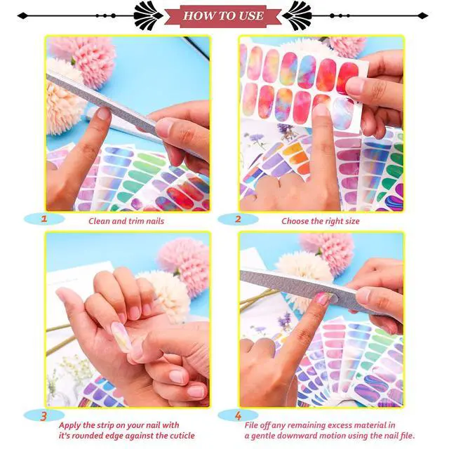 Alt view image 4 of 7 - 352Pcs 16Sheets Bright Solid Color Toe Nail Wraps Self-Adhesive Full Nail Stickers Colorful Nail Art Decals Strips with Nail File for Women Girls Nail Art