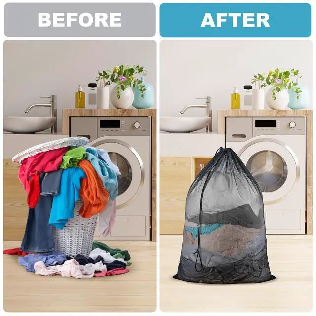 Alt view image 6 of 7 - 3-Pack Large Mesh Laundry Bags, 60.96 x 91.44cm, with Drawstring Closure, Delicate Bags for Machine - Perfect for College Dorm, Travel, Laundry Room, Apartment (Black)