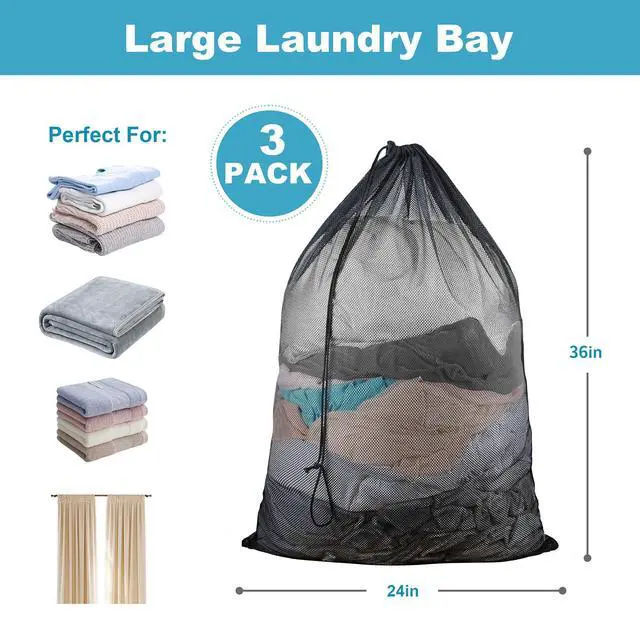 Alt view image 4 of 7 - 3-Pack Large Mesh Laundry Bags, 60.96 x 91.44cm, with Drawstring Closure, Delicate Bags for Machine - Perfect for College Dorm, Travel, Laundry Room, Apartment (Black)