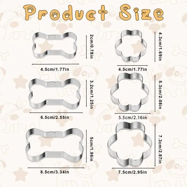 Alt view image 5 of 7 - 6-Piece Dog Bone Cookie Cutter Set, 3 Sizes Stainless Steel Dog Bone and Paw Print Cookie Cutters for Themed Parties, Homemade Treats and Baking