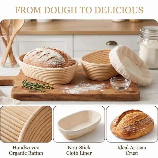 Alt view image 2 of 5 - 2 Pieces 11-Inch Oval Bread Proofing Basket Linen Liner, Sourdough Banneton Cover, Baking Dough Basket Cloth Liner (28x15x8 cm)