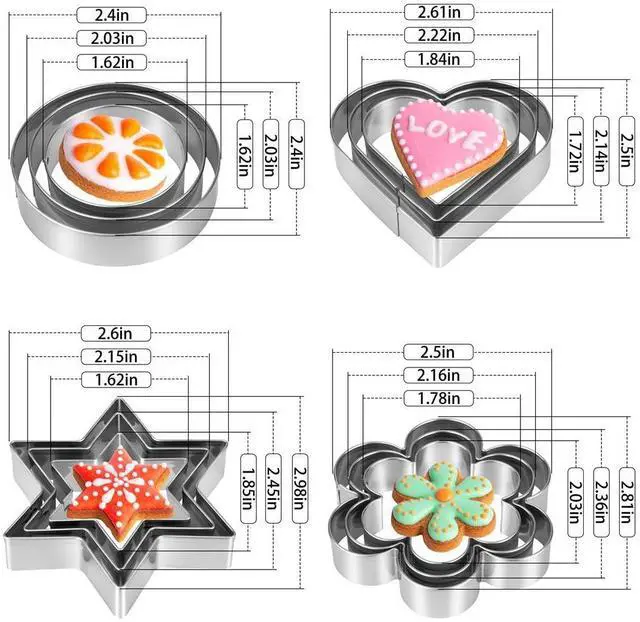 Alt view image 4 of 7 - 12-Piece Stainless Steel Cookie Cutter Set, 3 Heart, 3 Star, 3 Flower, 3 Round Cookie Cutters