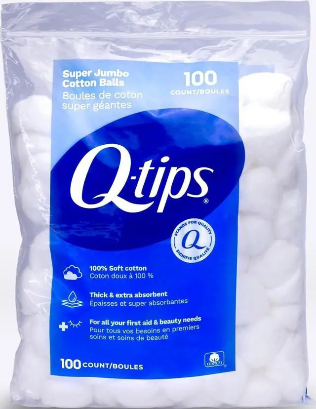 Main image of Q-tips Super Large Cotton Balls, 100% Thick Cotton, for Beauty, First Aid and Baby Care, 100 Count