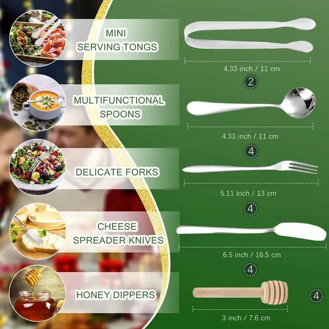 Alt view image 2 of 7 - 18 Pieces Silver Stainless Steel Charcuterie Board Accessories Set - Spreader Knives, Mini Serving Tongs, Spoons, Forks and Honey Dippers