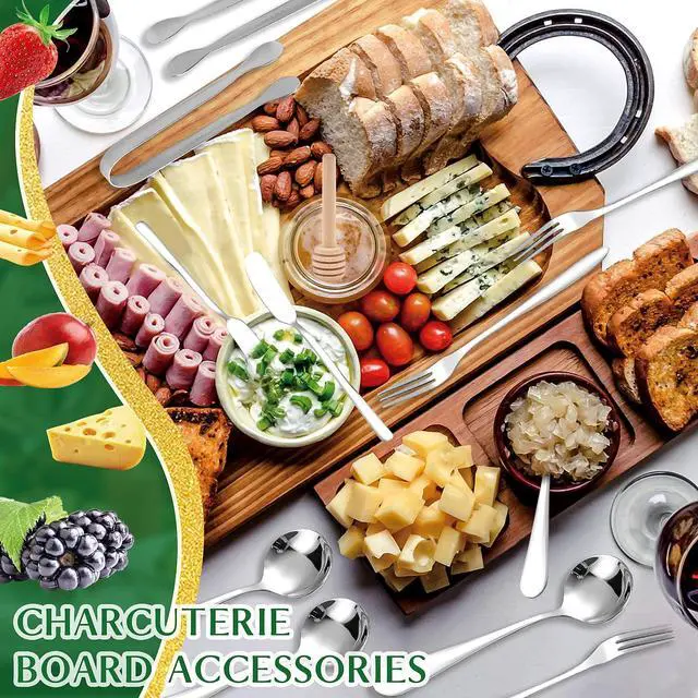 Alt view image 5 of 7 - 18 Pieces Silver Stainless Steel Charcuterie Board Accessories Set - Spreader Knives, Mini Serving Tongs, Spoons, Forks and Honey Dippers