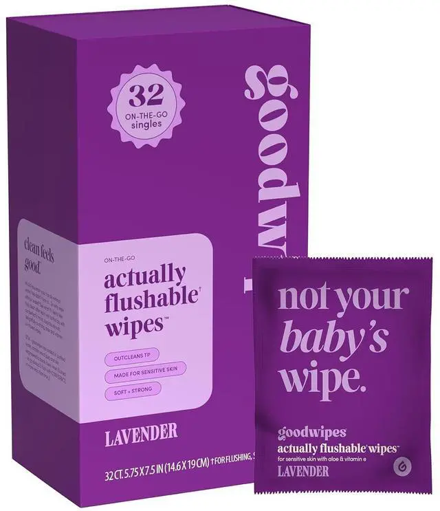 Main image of Goodwipes Flushable Wipes Lavender, Individually Wrapped, Travel Size, pH Balanced for Feminine Hygiene, 32 Count (1 Pack)