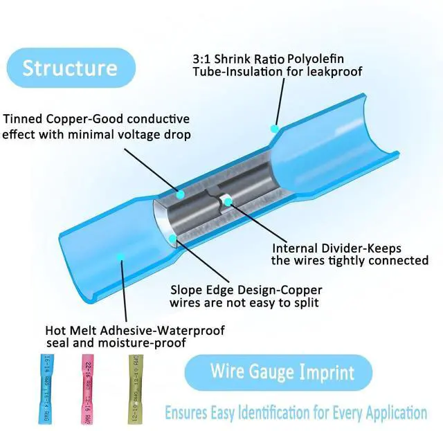 Alt view image 6 of 6 - 50 Pcs Heat Shrink Butt Connectors Kit, Waterproof Insulated Marine Automotive Crimp Terminals Butt Splice for Marine, Automotive, Motorcycle, Truck Electrical