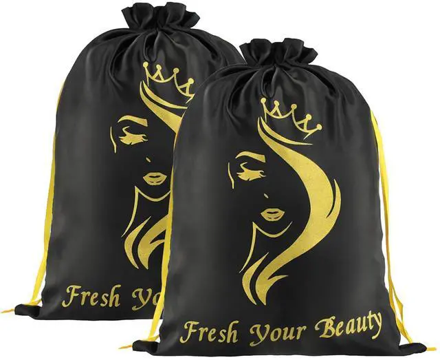 Main image of 2PCS Satin Soft Silky Drawstring Storage Pouches Organizers for Hair Extensions Bundles Styling Tools Gift Containers (Black)