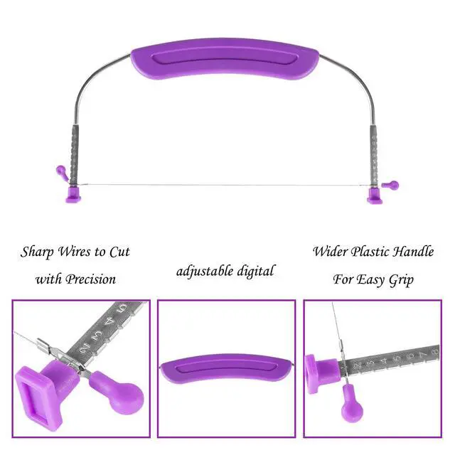 Alt view image 6 of 6 - Adjustable Cake Leveler, Cutter and Slicer, 9 Different Heights, Premium Food Grade Stainless Steel Double Wires, for Leveling and Molding, Purple