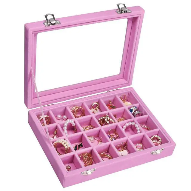 Main image of Vicoter Velvet Jewelry Box 24 Grid Ring Display Organizer Tray Holder Earrings Storage Case for Girls Wife Mom Women (Pink)