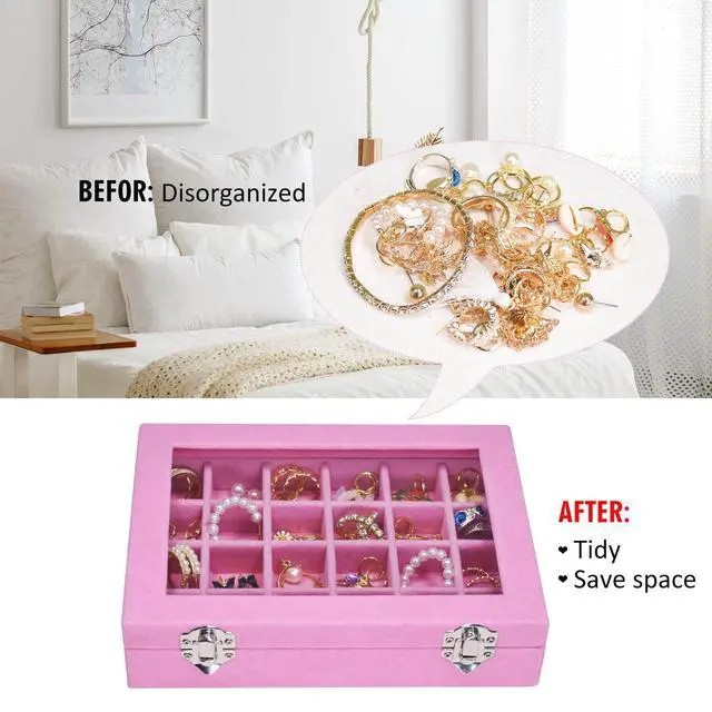Alt view image 2 of 6 - Vicoter Velvet Jewelry Box 24 Grid Ring Display Organizer Tray Holder Earrings Storage Case for Girls Wife Mom Women (Pink)