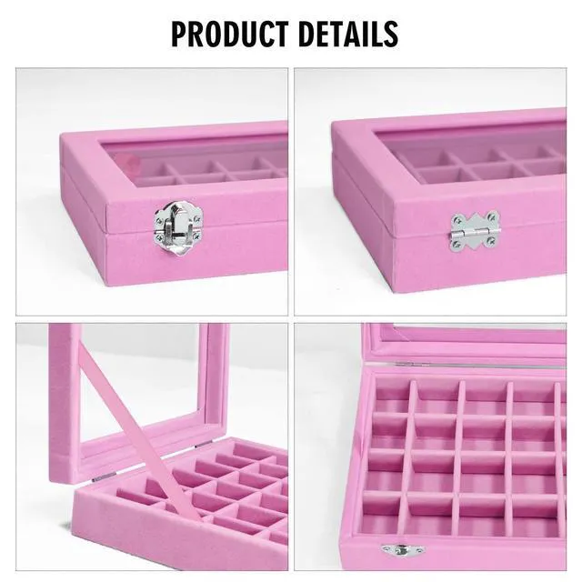 Alt view image 3 of 6 - Vicoter Velvet Jewelry Box 24 Grid Ring Display Organizer Tray Holder Earrings Storage Case for Girls Wife Mom Women (Pink)