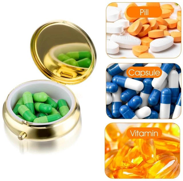 Alt view image 2 of 6 - WLLHYF Metal Pill Box, Small Waterproof Travel Medicine Organizer for Purse & Pocket, for Vitamins, Fish Oil, Supplements, Gold