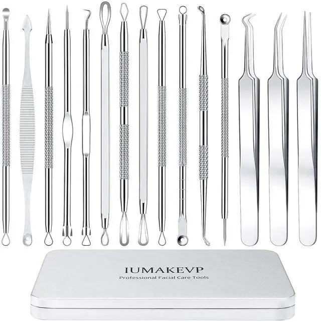 Main image of IUMAKEVP 15PCS Professional Stainless Steel Blackhead Remover Comedone Extractor Acne Removal Kit with Metal Case (Silver)