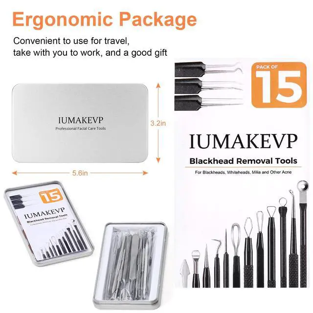Alt view image 4 of 7 - IUMAKEVP 15PCS Professional Stainless Steel Blackhead Remover Comedone Extractor Acne Removal Kit with Metal Case (Silver)