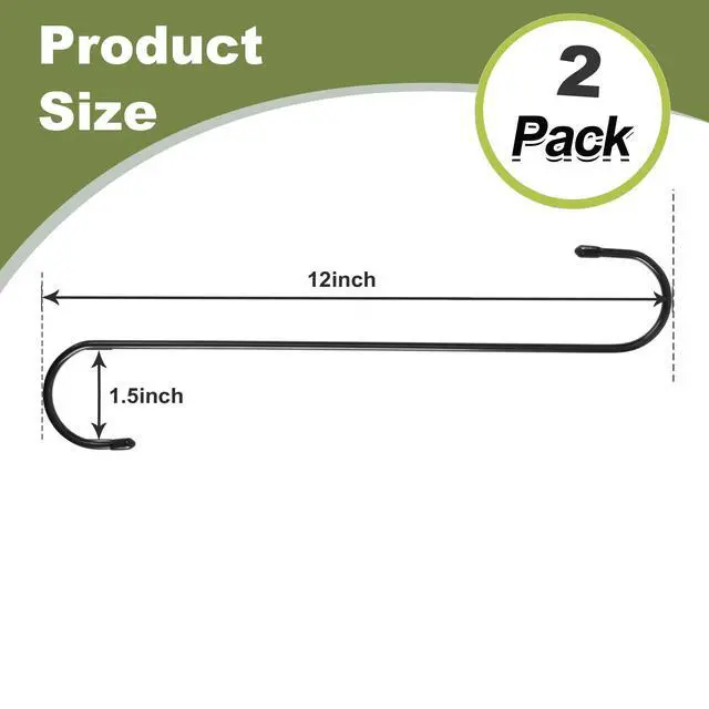 Alt view image 3 of 7 - 12Inch Large S Hooks, Black Metal Heavy Duty Long Hook, for Hanging Plants, Bird Feeder, Bird House, Clothes, Wind Chimes, Flower Basket, 2Pack