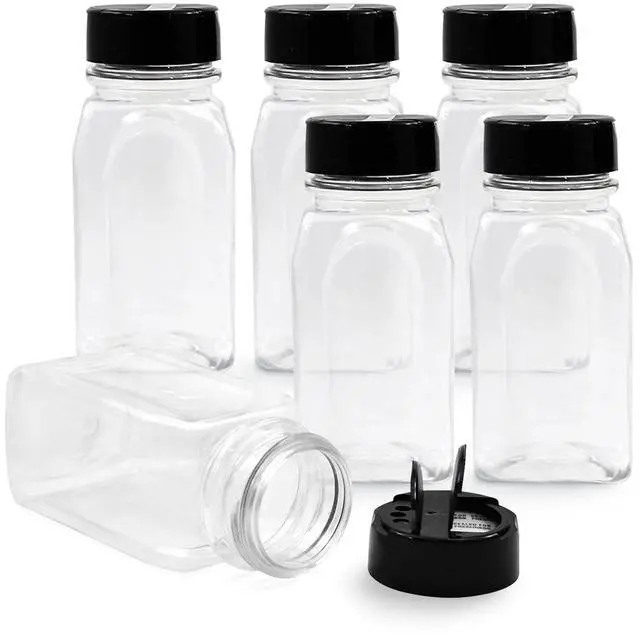 Main image of RoyalHouse 6 Pack 9.5 Oz Clear Plastic Spice Jars with Black Caps and Shaker Lids, BPA Free, Made in USA for Spices, Herbs, Seasonings