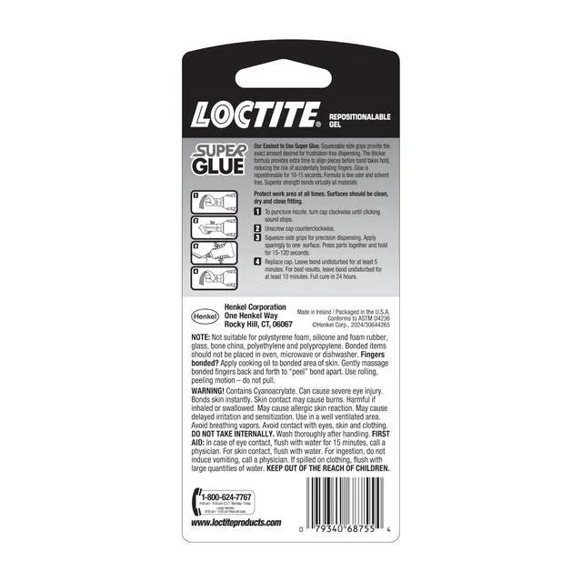 Alt view image 2 of 7 - Loctite Super Glue Repositionable Gel 2 Pack, 0.14fl oz Bottle, Clear, Cyanoacrylate Adhesive for Plastic, Wood, Metal, Crafts & Repair