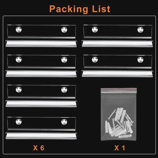 Alt view image 6 of 7 - Jansburg 6 Pack Clear Acrylic Vinyl Record Wall Mount Display Shelf, 4 Inch, for Home Office