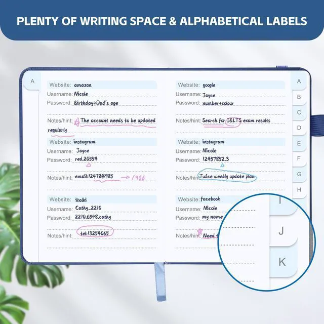 Alt view image 6 of 6 - MOSA BEAR Password Keeper Book with Alphabetical Tabs, 4.3"x5.7", Small Password Notebook for Seniors, Internet Website Address Login Detail, Dark Blue