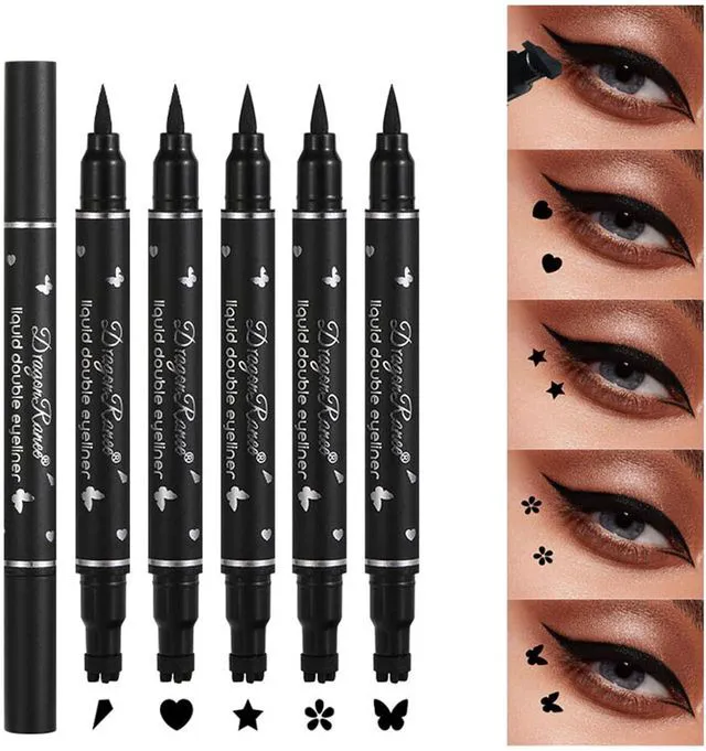 Main image of 5Pcs Double-headed Liquid Eyeliner Stamp Pencil Set, Winged Eyeliner Pen, Long-lasting Black Tattoo Eyeliner (Heart/Flower/Star/Butterfly/Cone Shapes) for Women