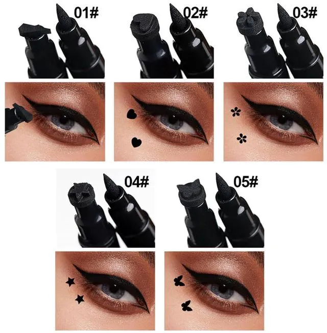 Alt view image 5 of 7 - 5Pcs Double-headed Liquid Eyeliner Stamp Pencil Set, Winged Eyeliner Pen, Long-lasting Black Tattoo Eyeliner (Heart/Flower/Star/Butterfly/Cone Shapes) for Women