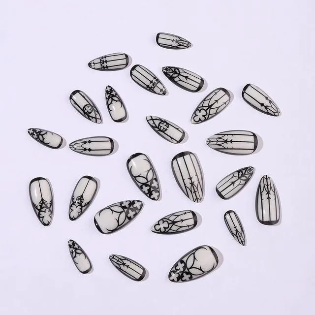 Alt view image 6 of 7 - Almond Medium Length Black Goth Glow-in-the-Dark Acrylic Press-On Nails, Full Cover with Designs, Reusable Artificial Nails for Women, 24Pcs