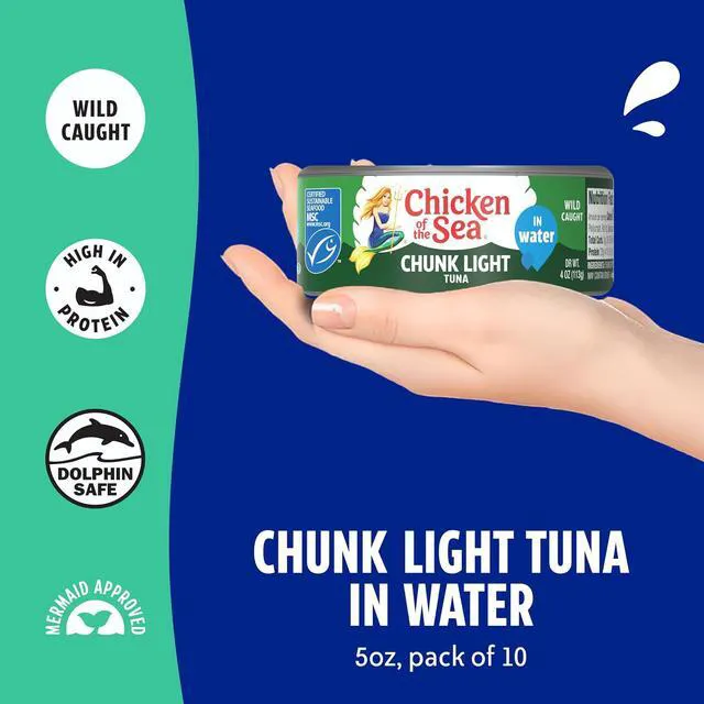 Alt view image 2 of 6 - Chicken of the Sea Wild Caught Chunk Light Tuna in Water, 5oz Cans, 10-Count