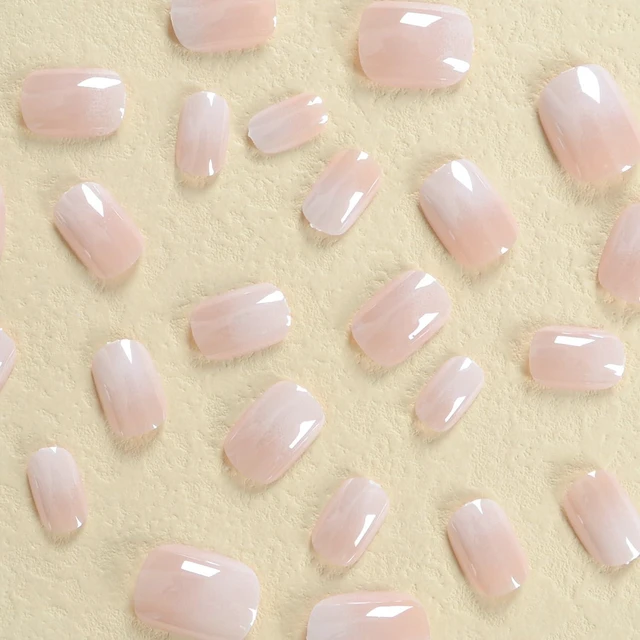 Alt view image 2 of 7 - Gradient Short Square Chrome Press on Nails with French Acrylic Design, Glossy Reusable Full Cover Stick on Fake Nails for Women and Girls