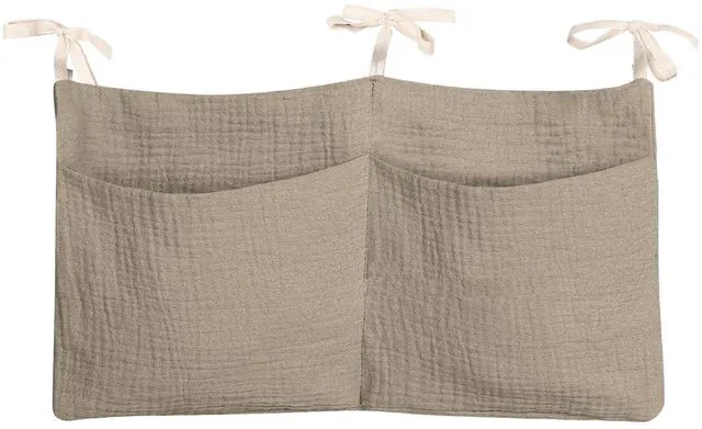 Main image of Baby Bedside Hanging Organizer Bag for Crib Bunk Bed, Nappy Diaper Milk Bottle Bib Storage, Cotton, Khaki