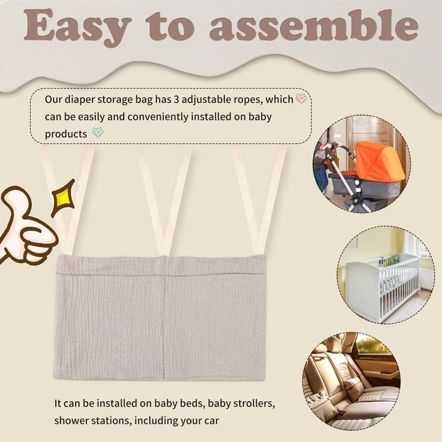 Alt view image 3 of 6 - Baby Bedside Hanging Organizer Bag for Crib Bunk Bed, Nappy Diaper Milk Bottle Bib Storage, Cotton, Khaki