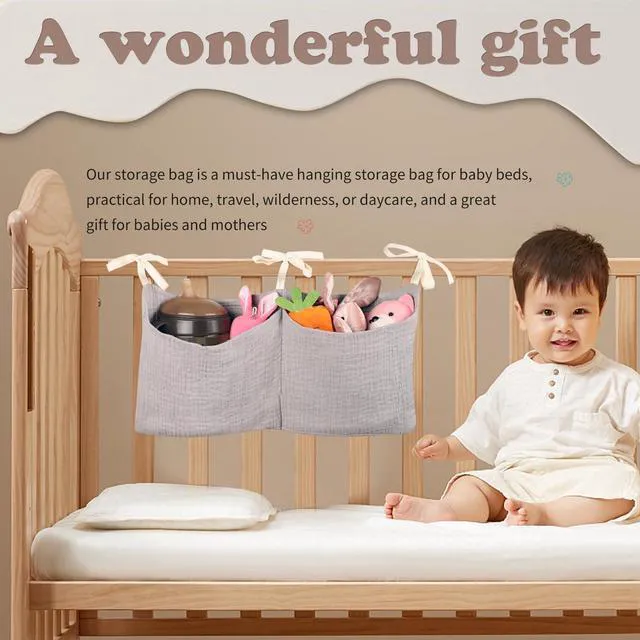 Alt view image 2 of 6 - Baby Bedside Hanging Organizer Bag for Crib Bunk Bed, Nappy Diaper Milk Bottle Bib Storage, Cotton, Khaki