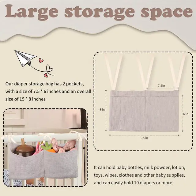 Alt view image 5 of 6 - Baby Bedside Hanging Organizer Bag for Crib Bunk Bed, Nappy Diaper Milk Bottle Bib Storage, Cotton, Khaki