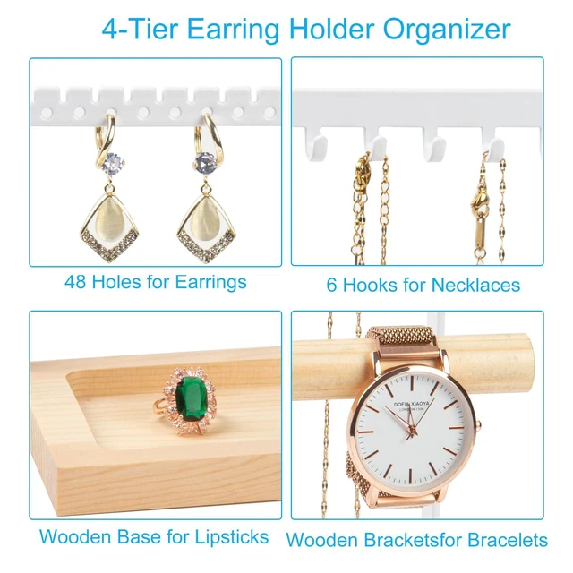 Alt view image 6 of 6 - Lengnoy 4 Tier Earring Holder with 48 Holes and 6 Hooks - Wood Jewelry Organizer Stand for Necklace, Bracelet, Earring, Ring, White