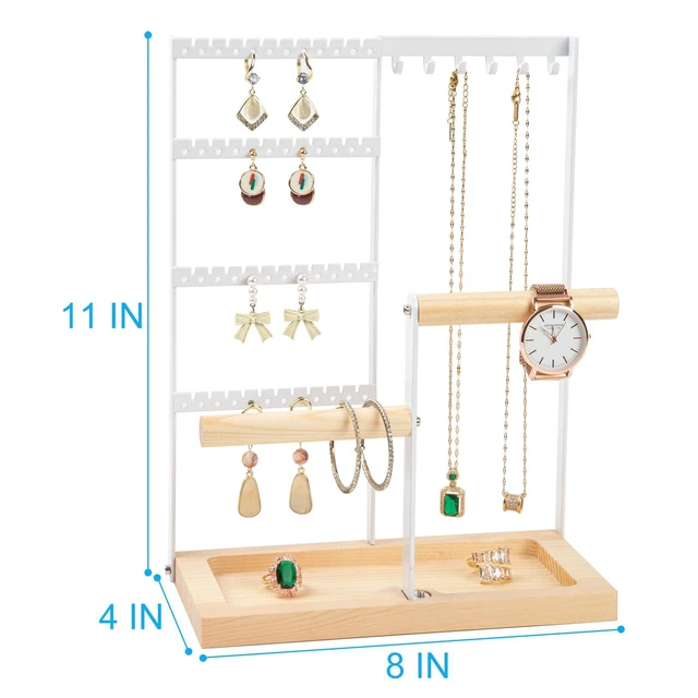 Alt view image 5 of 6 - Lengnoy 4 Tier Earring Holder with 48 Holes and 6 Hooks - Wood Jewelry Organizer Stand for Necklace, Bracelet, Earring, Ring, White