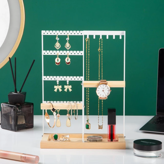 Alt view image 4 of 6 - Lengnoy 4 Tier Earring Holder with 48 Holes and 6 Hooks - Wood Jewelry Organizer Stand for Necklace, Bracelet, Earring, Ring, White