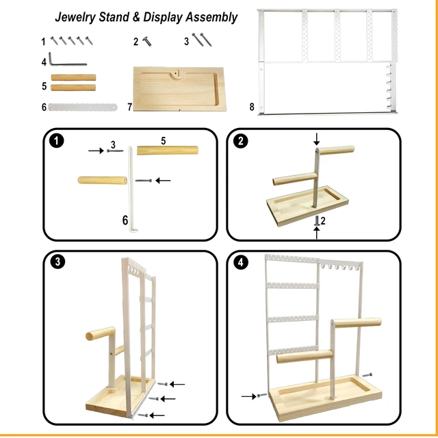 Alt view image 3 of 6 - Lengnoy 4 Tier Earring Holder with 48 Holes and 6 Hooks - Wood Jewelry Organizer Stand for Necklace, Bracelet, Earring, Ring, White