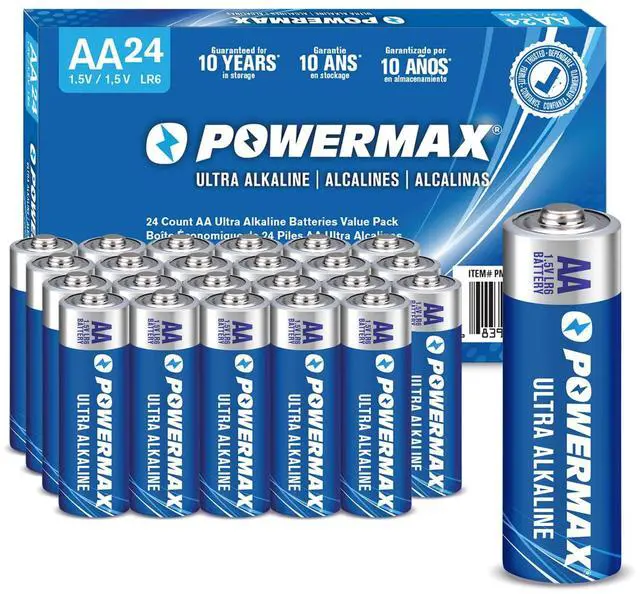 Main image of Powermax 24-Count AA Batteries, Ultra Long Lasting Alkaline Battery, 10-Year Shelf Life, Reclosable Packaging