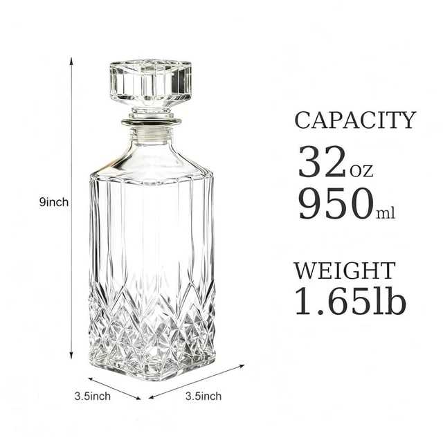 Alt view image 3 of 7 - 32oz Glass Whiskey Decanter With Airtight Geometric Stopper For Liquor, Vodka, Bourbon, Scotch, Brandy, Wine