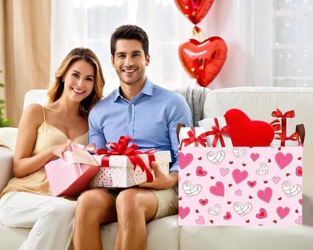 Alt view image 5 of 7 - Large Heart Shaped Storage Bin Collapsible Organizer Valentine's Day Basket Pink Bottom Lines White Love Room Decor