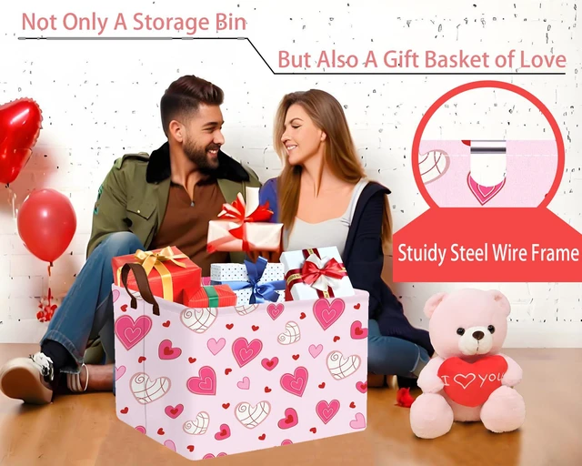 Alt view image 2 of 7 - Large Heart Shaped Storage Bin Collapsible Organizer Valentine's Day Basket Pink Bottom Lines White Love Room Decor